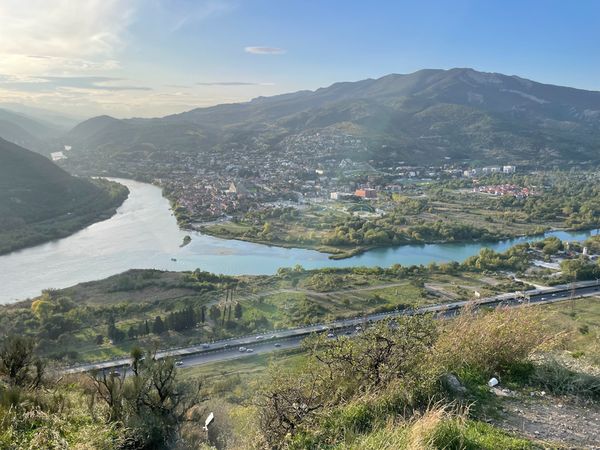 Scenic aerial view of the two rivers meeting
