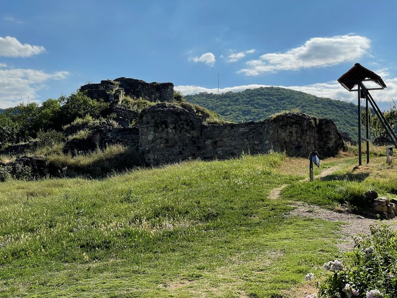 Ruins of Dmanisi fortress walls on a green hill