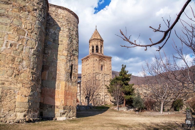 Historic brick bell tower of Ninotsminda Cathedral in Kakheti