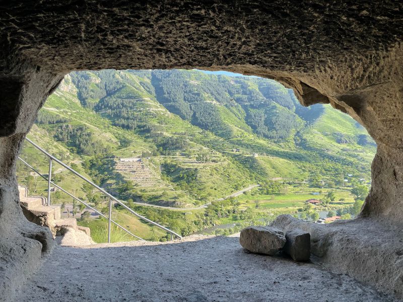 Valley view through a cave opening at Vardzia